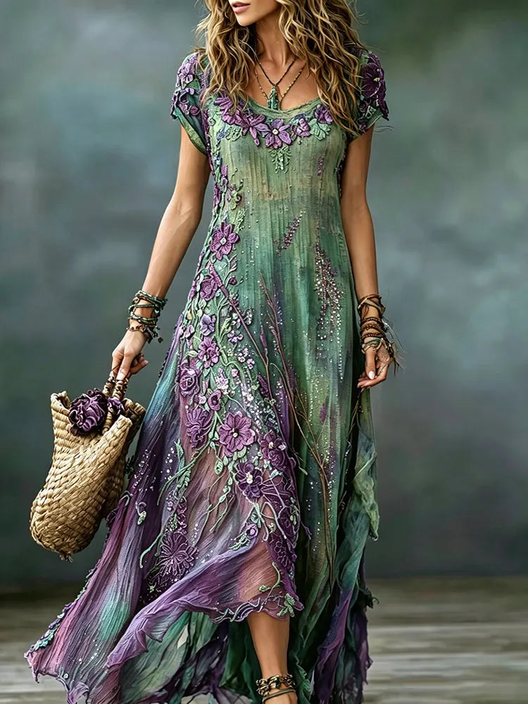 Women's Vintage Romantic Floral Art Linen Blend Round Neck Maxi Dress