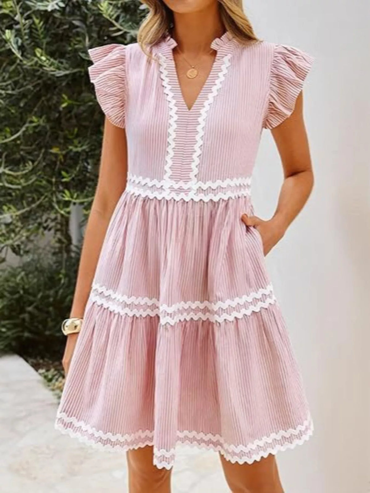Striped Ruffle Sleeve Tiered Dress