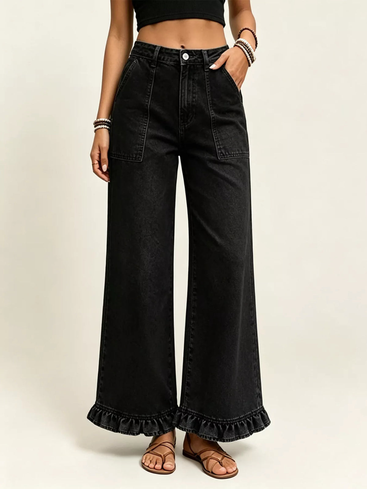 High-Waisted Wide-Leg Ruffle Hem Jeans