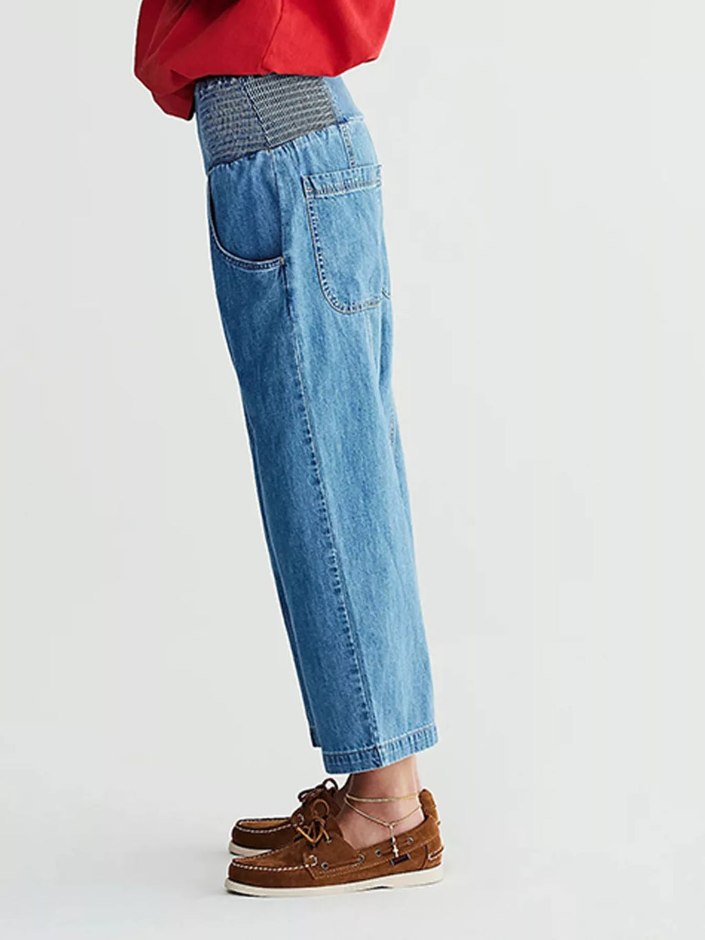 Smocked High-Waisted Wide Leg Jeans