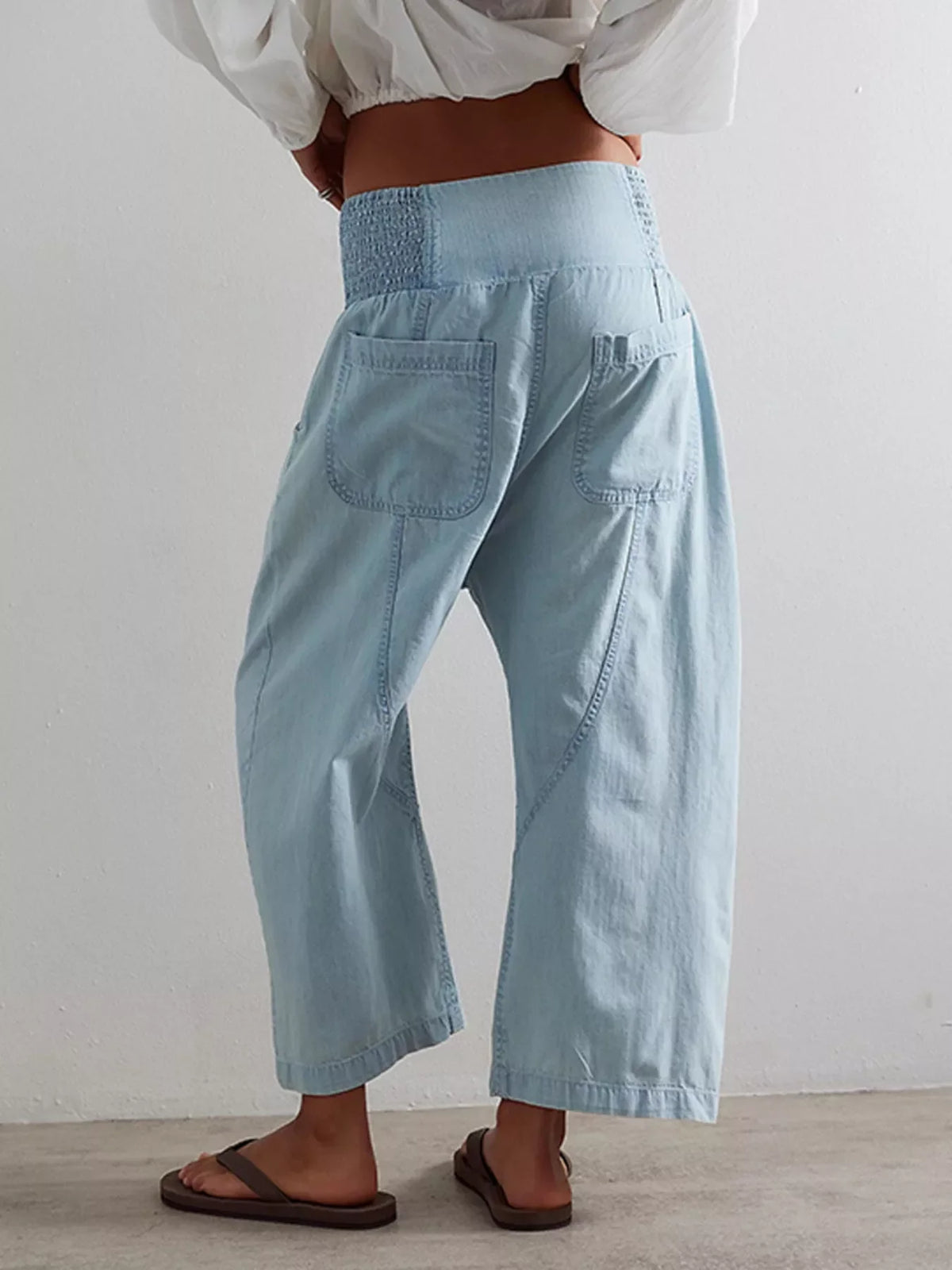 Smocked High-Waisted Wide Leg Jeans