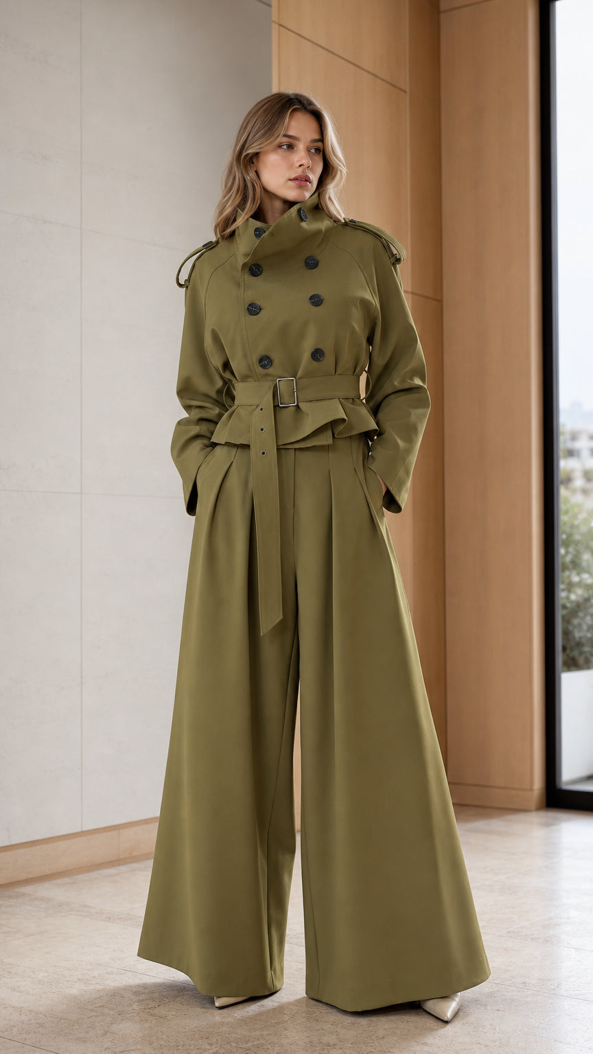 Women's Trench Jacket & Wide-Leg Pants Two-Piece Set