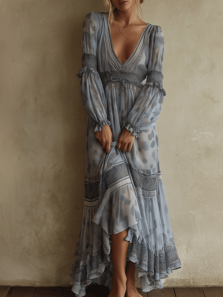 Vintage Boho Ruffled Maxi Dress