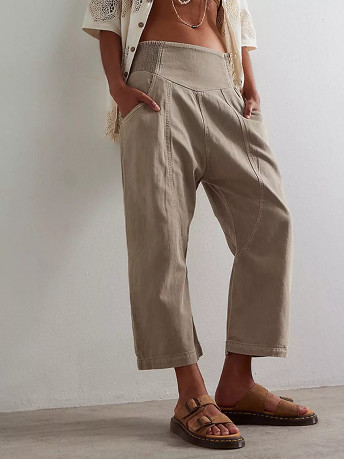 Smocked High-Waisted Wide Leg Jeans