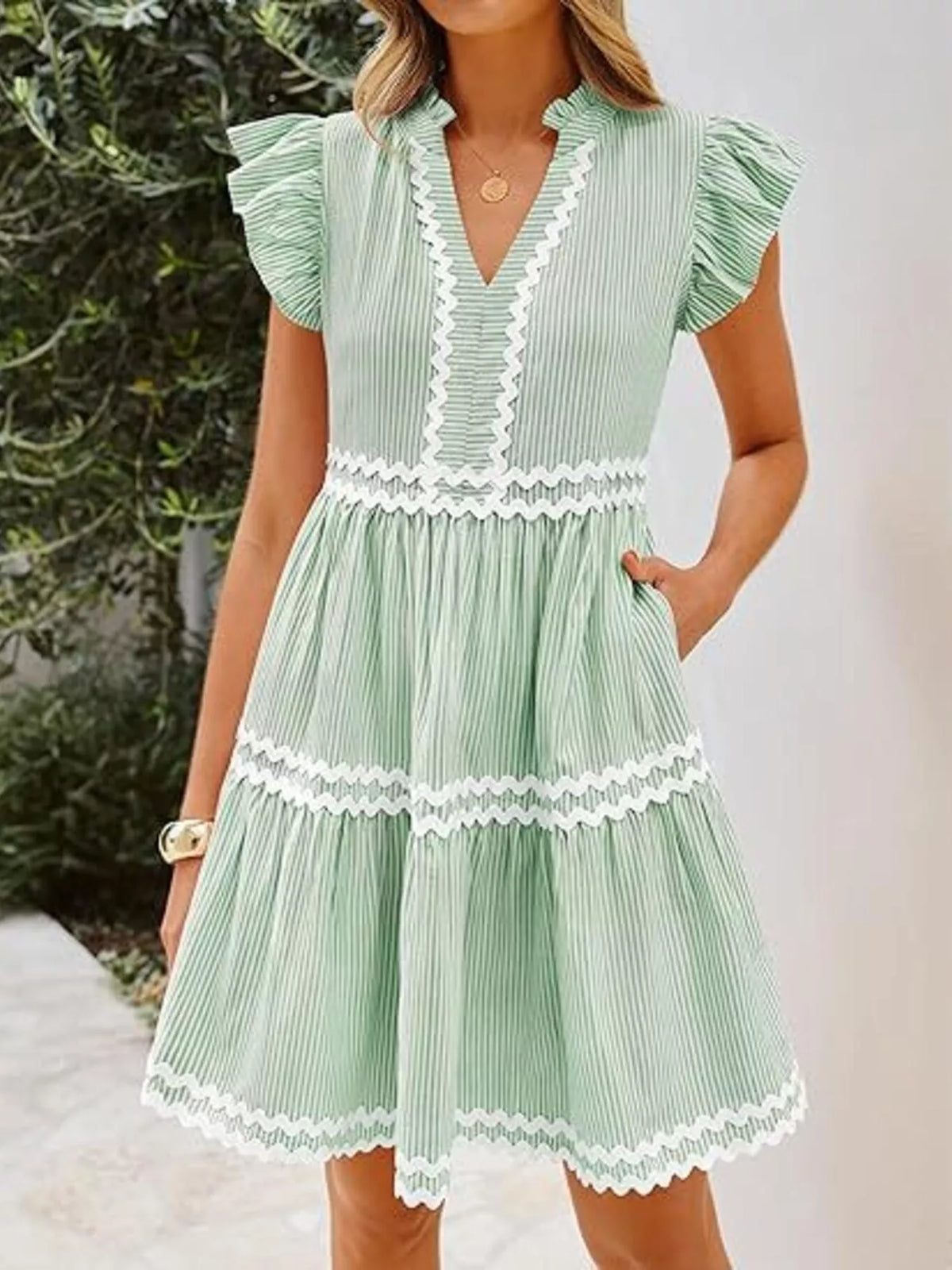 Striped Ruffle Sleeve Tiered Dress