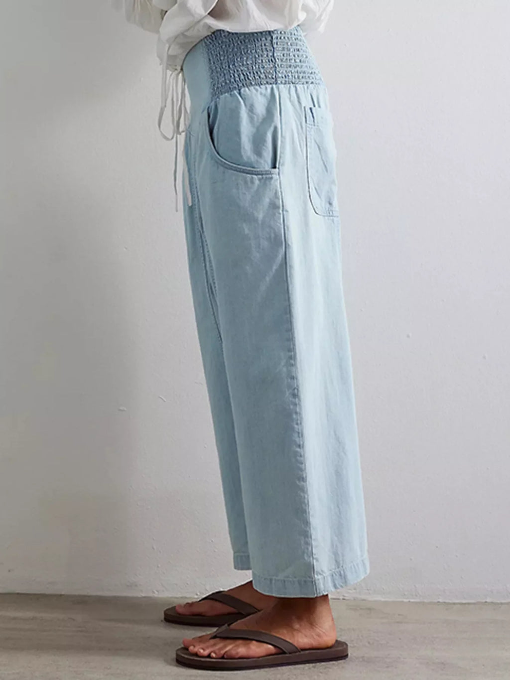 Smocked High-Waisted Wide Leg Jeans