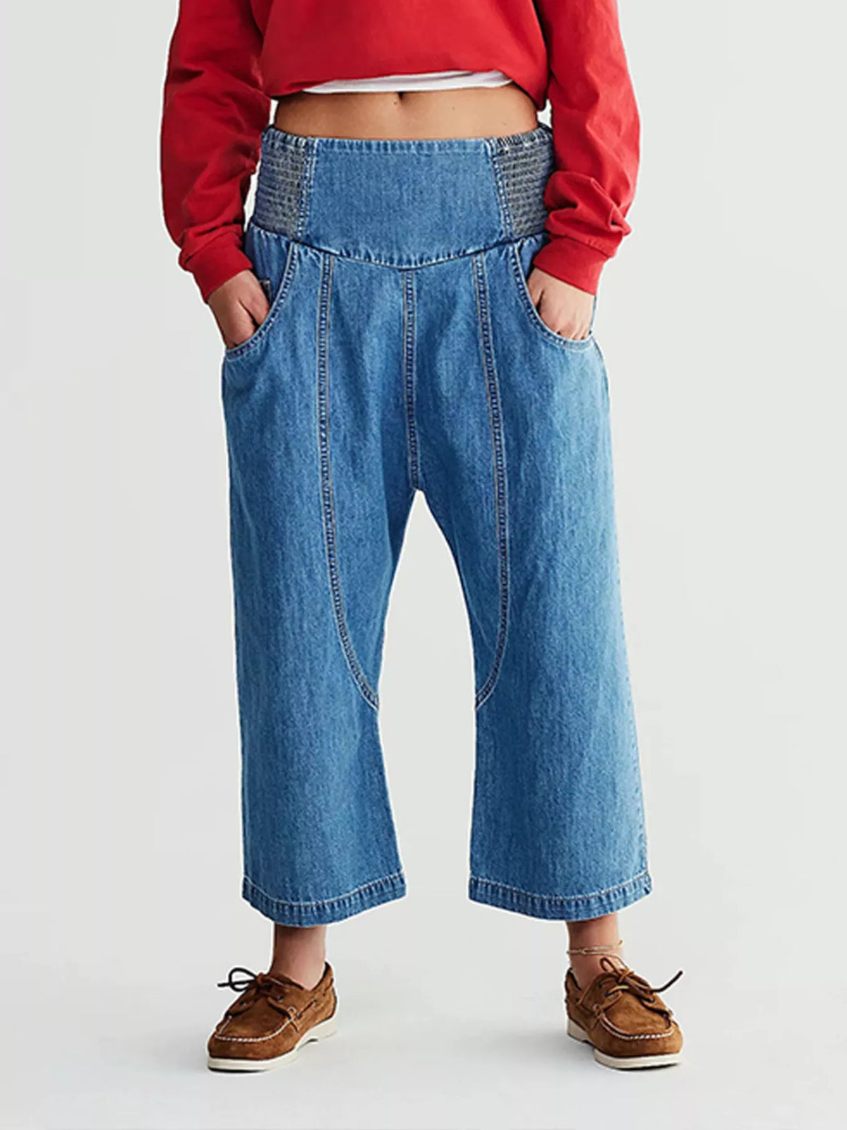 Smocked High-Waisted Wide Leg Jeans