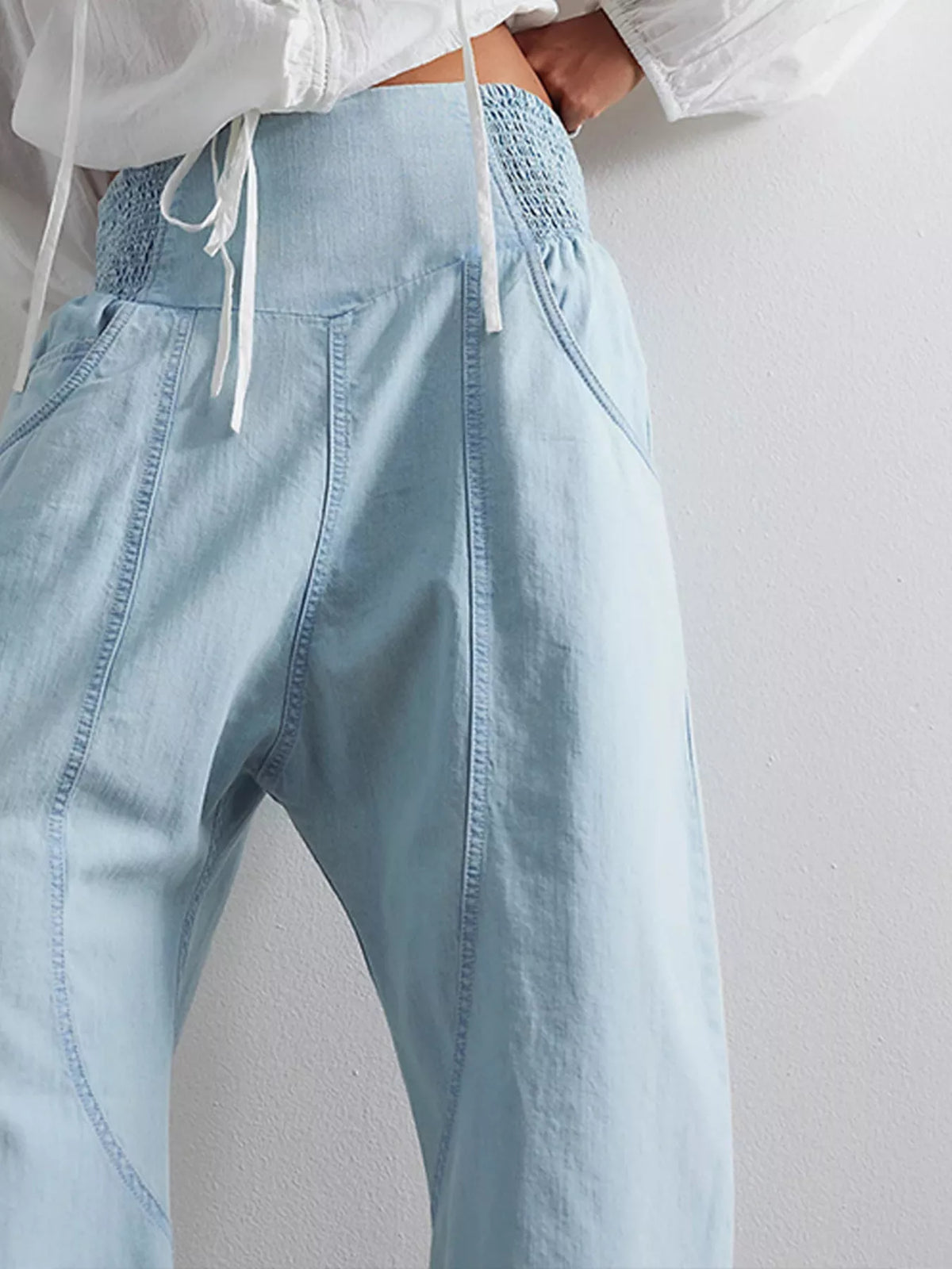 Smocked High-Waisted Wide Leg Jeans
