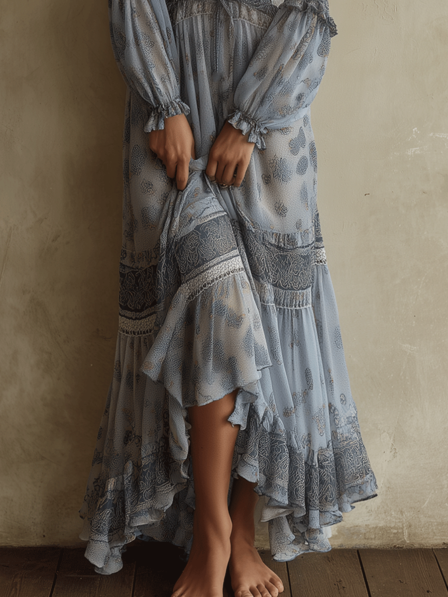 Vintage Boho Ruffled Maxi Dress