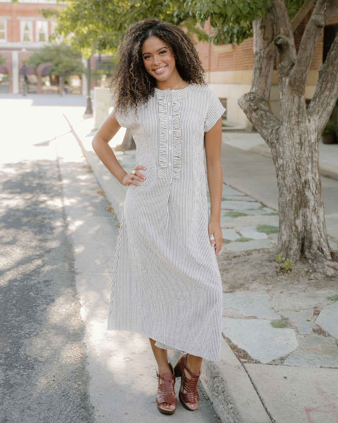 Holly Frilled Detail Half Buttons Short Sleeve Long Dress