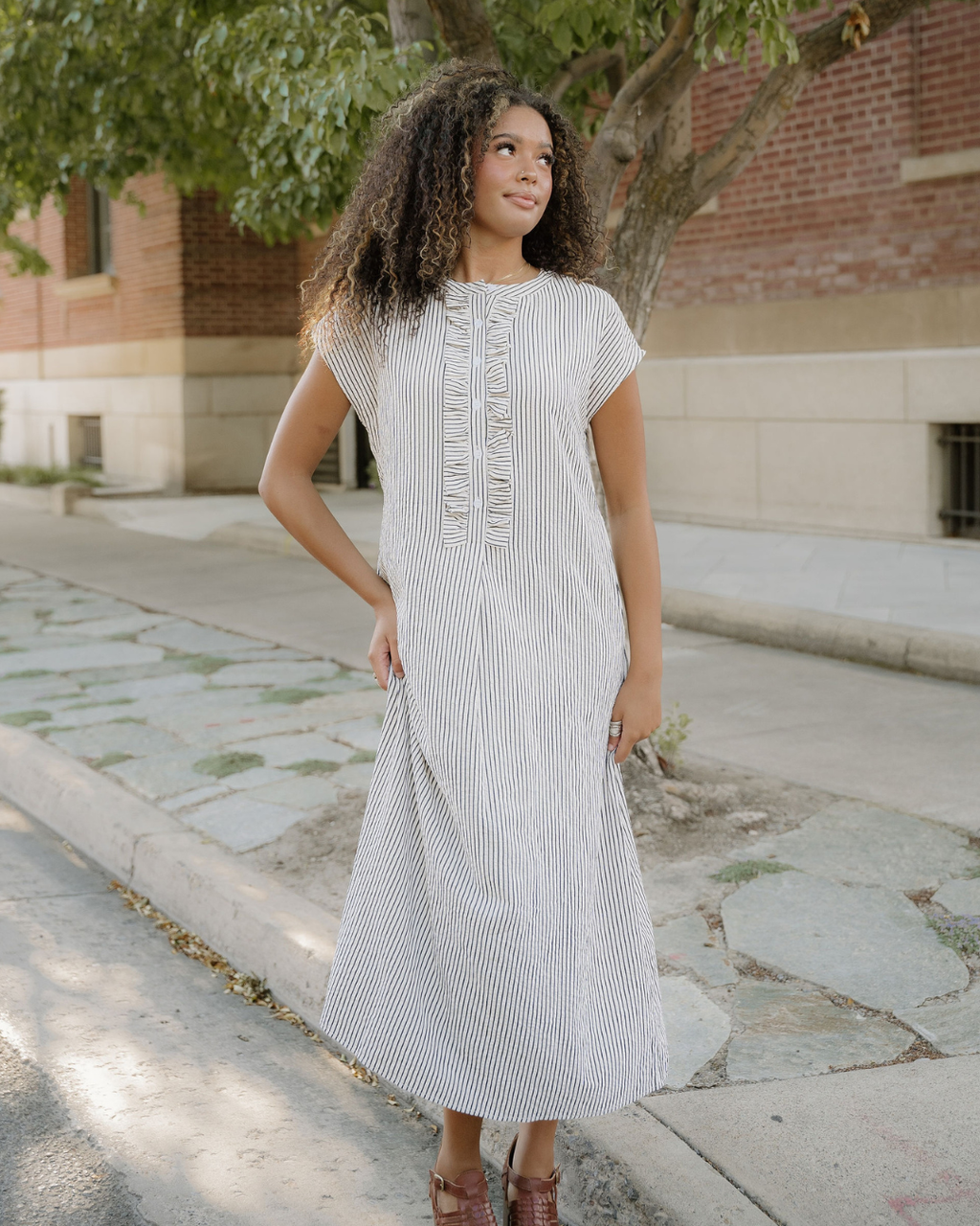 Holly Frilled Detail Half Buttons Short Sleeve Long Dress