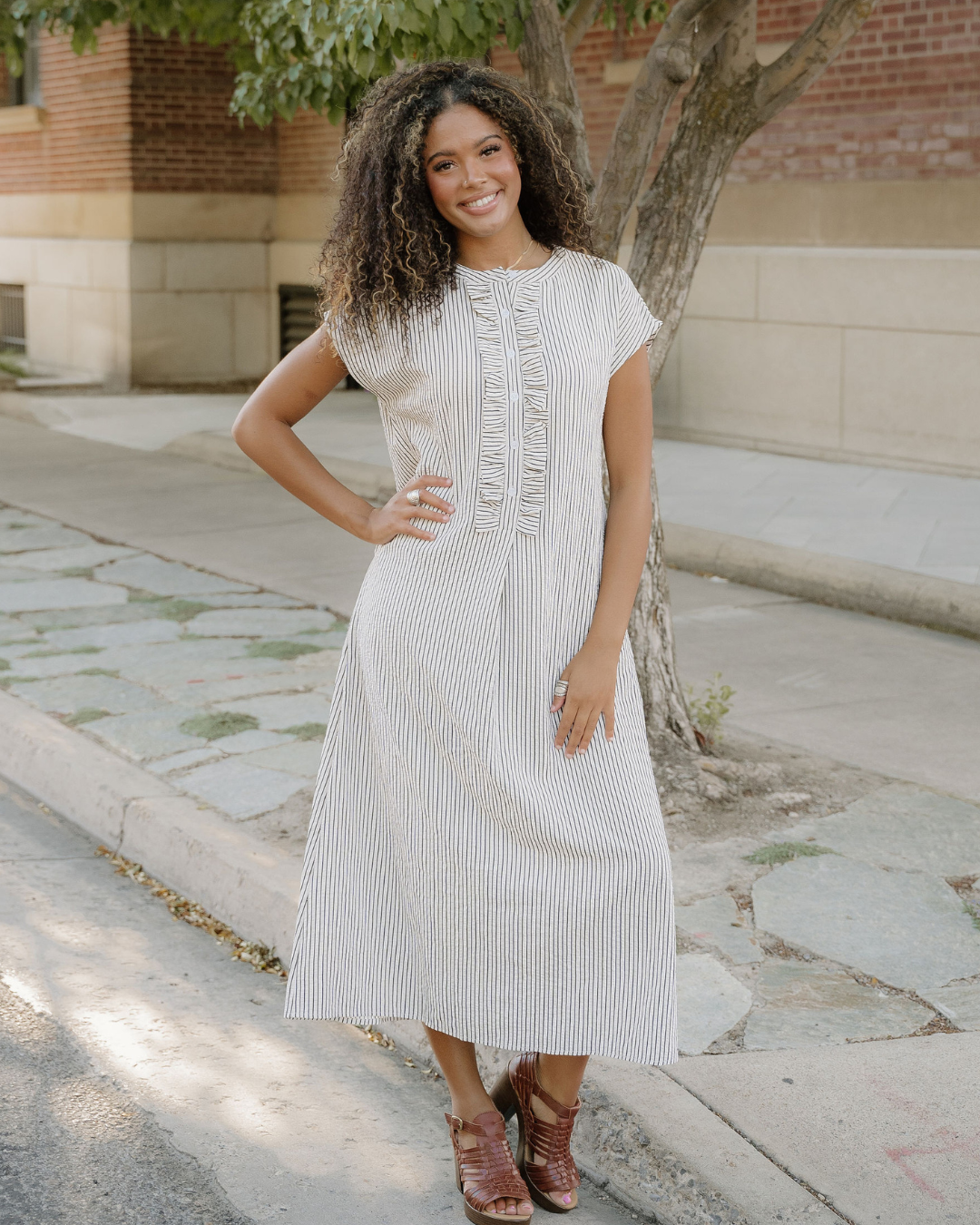 Holly Frilled Detail Half Buttons Short Sleeve Long Dress