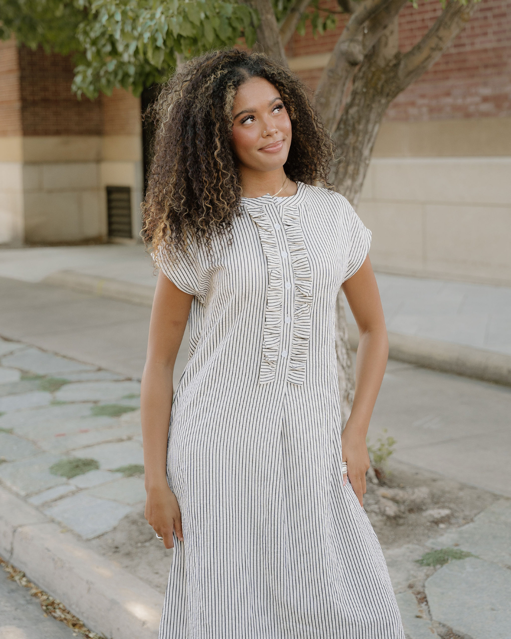 Holly Frilled Detail Half Buttons Short Sleeve Long Dress