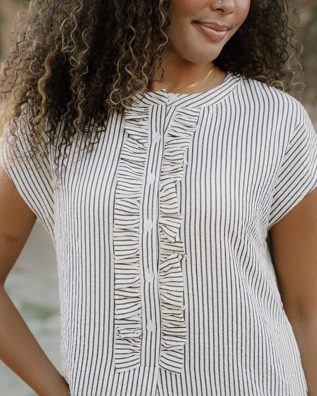 Holly Frilled Detail Half Buttons Short Sleeve Long Dress