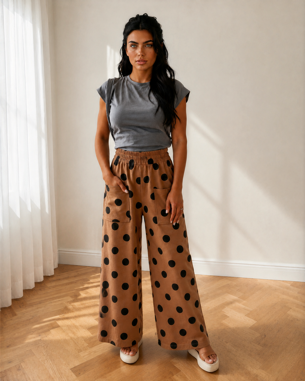 Ivy Polka Dot Wide Leg Elastic Waist Casual Pants