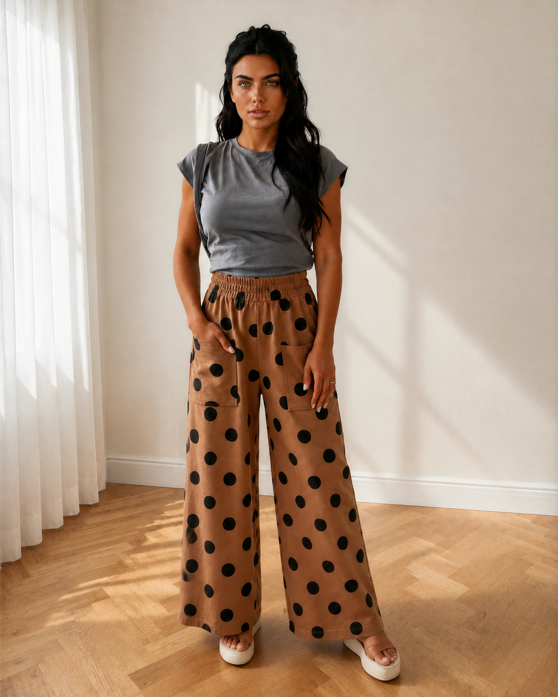 Ivy Polka Dot Wide Leg Elastic Waist Casual Pants