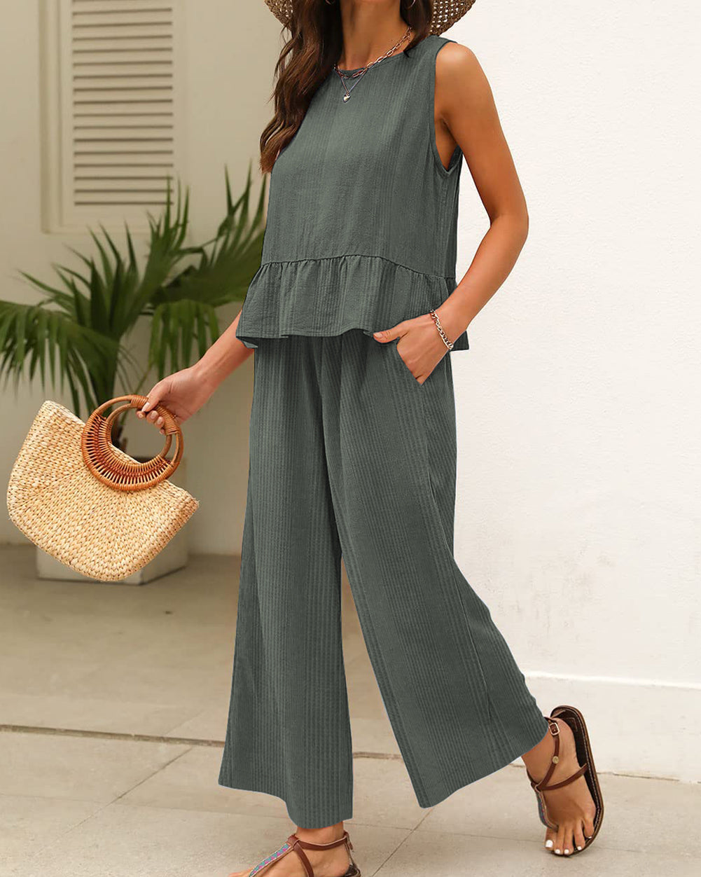 Jordan Ribbed Ruffle Tank Top and Pants Set